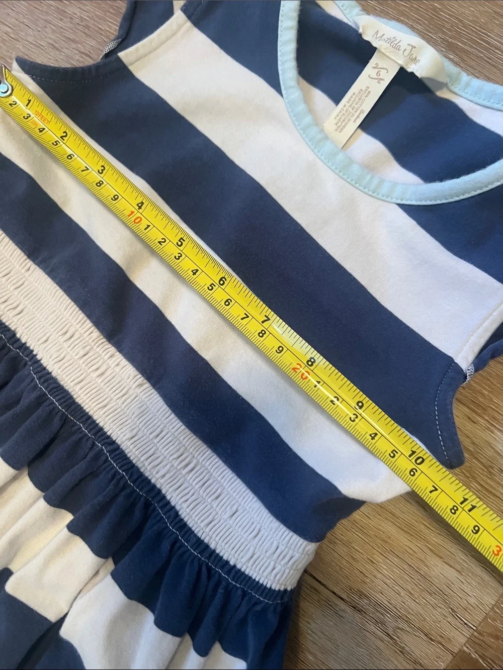 Matilda Jane Size 6 Girls Navy and White Striped Dress with Floral Hem